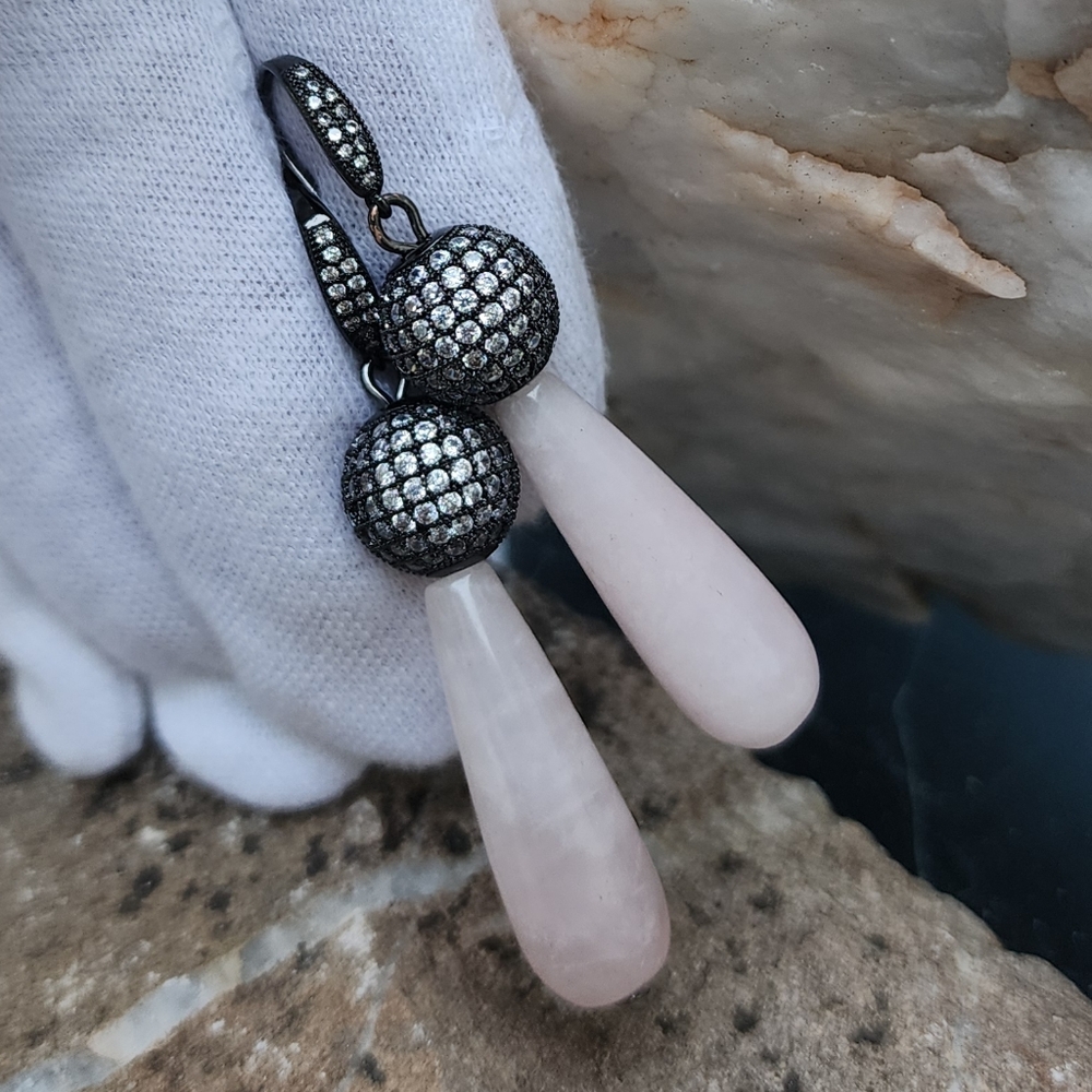 Black Rhodium Earrings Diamond Cut White Topaz Ball Natural Rose Quartz